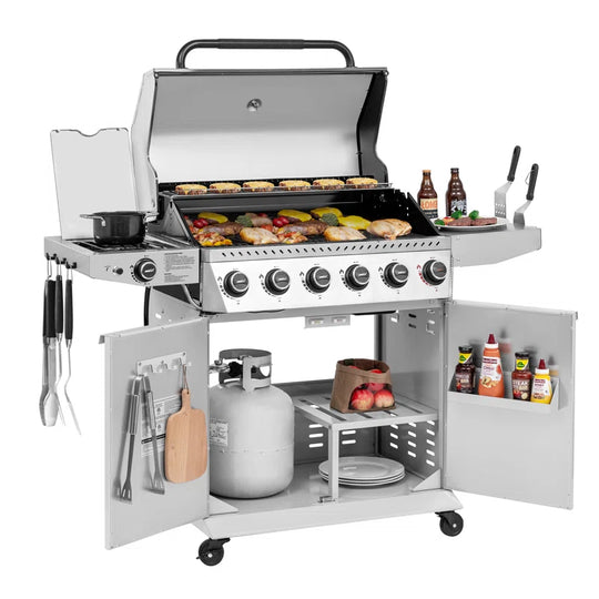 6-Burner BBQ Liquid Propane Gas Grill with Sear Burner and Side Burner, White