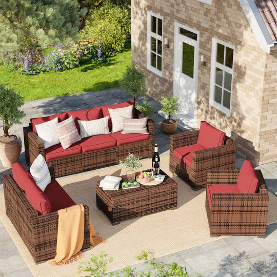 Azoriah 7 - Person Oversized Armrest Outdoor Sectional Furniture Rattan Sets W/Storage Table