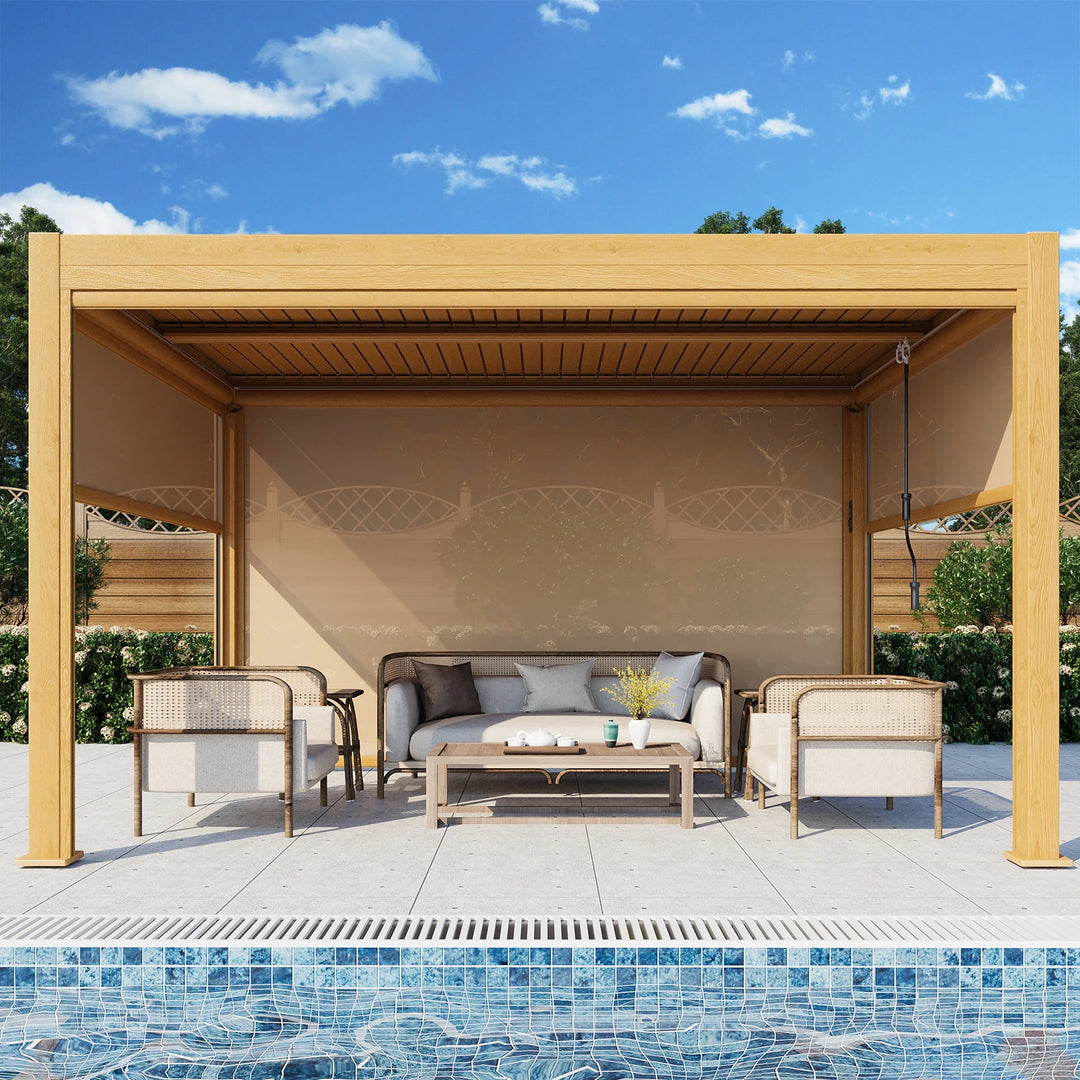 Outdoor Louvered Pergola Gazebo with Adjustable Aluminum Rainproof Roof and Pull-Down Screen