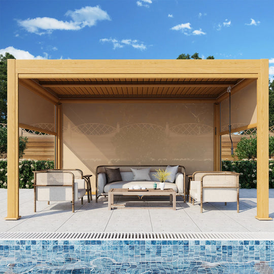 Outdoor Louvered Pergola Gazebo with Adjustable Aluminum Rainproof Roof and Pull-Down Screen