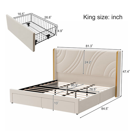 Velvet Upholstered Platform Bed with Smart Ambient Strip Lights Wingback Headboard and Endbed Pull-Out Storage Drawers