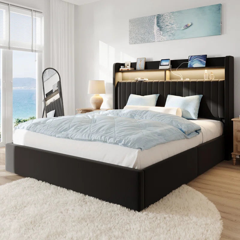 Hydraulic Lift up Storage Upholstered Platform Wingback LED Bed with 2-Tier Shelves and Charging Station