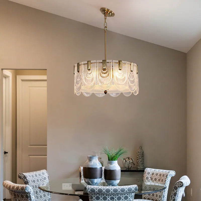 20 In. Gold Modern Glass Chandelier 5-Light Glam Dimmable Pendant Light Fixture for Dining Room