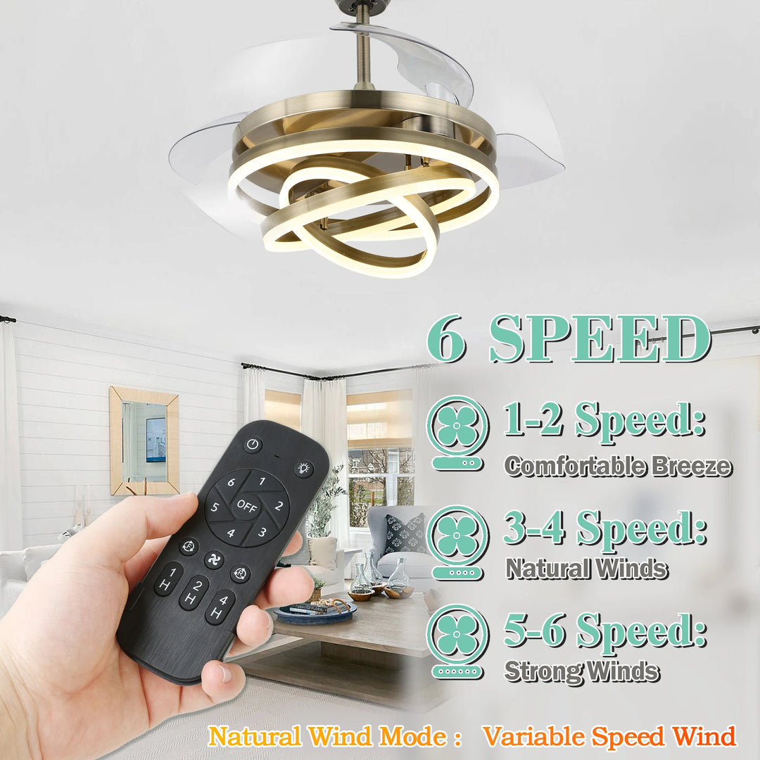 42In. DIY Shape Retractable Ceiling Fan with Lights, 6-Speed DC Motor Modern Ceiling Fan with LED Light and Remote