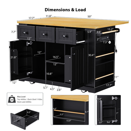 Large Kitchen Island with Drop Leaf,Power Outlet,Door Internal Storage Rack,3 Drawers(Not Include Bar Stools)