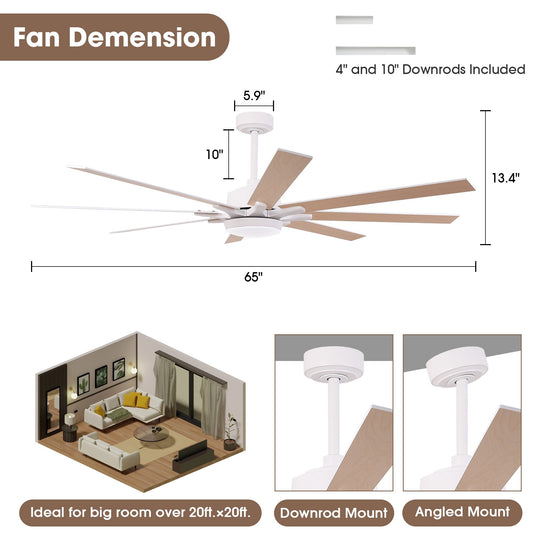 65-Inch Modern Reversible Dimmable Large Ceiling Fan with Light and Remote