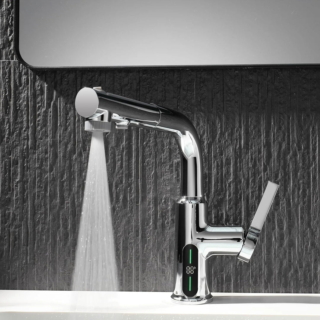 Single Hole Liftable Bathroom Faucet with Temperature Display in Fahrenheit, 3 Water Modes, BF2501