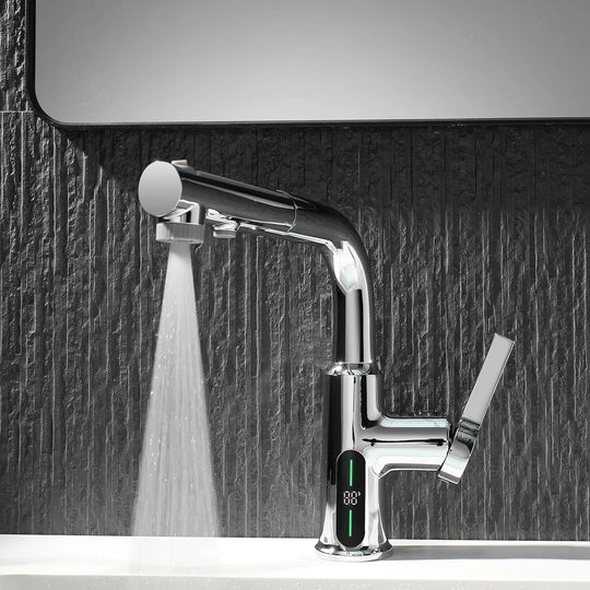 Single Hole Liftable Bathroom Faucet with Temperature Display in Fahrenheit, 3 Water Modes, BF2501