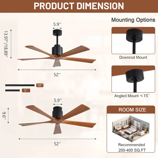 Sofucor 42"/48"/ 52"/60"Noiseless Walnut Wood Ceiling Fan with Remote Control, Integrated Light Optional