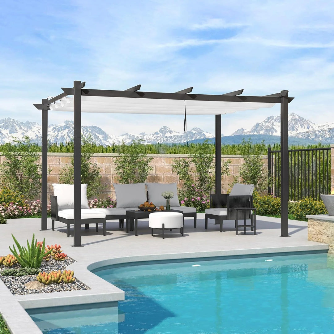 Gazebo Outdoor Retractable White Heavy-Duty Aluminum Pergola with Extra Top Roof
