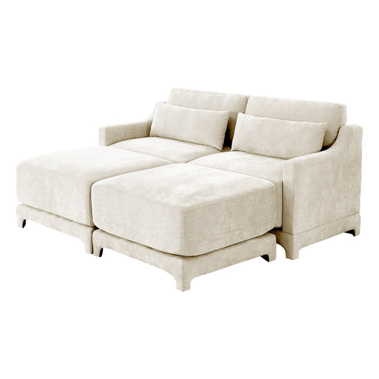 Modern Chenille 4-Seater Sofa with 2 Ottoman, Lumbar Cushions, Ergonomic Backrest, High-Resilience Spongeand Tufted Armrests