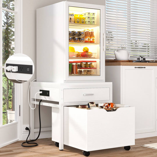 Mini Fridge Stand with Charge Station, Side/ End Table with Storage Drawers and Rolling Cabinet