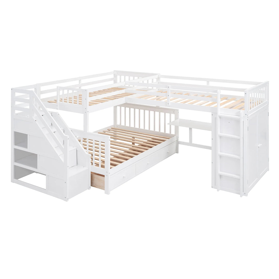 L-Shaped Bunk Bed with Three Drawers, Portable Desk and Wardrobe, Twin-Twin over Full Design