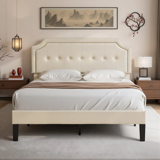 Javlergo Modern Upholstered Bed Frame with Height Adjustable Headboard Heavy-Duty Frame No Box Spring Needed