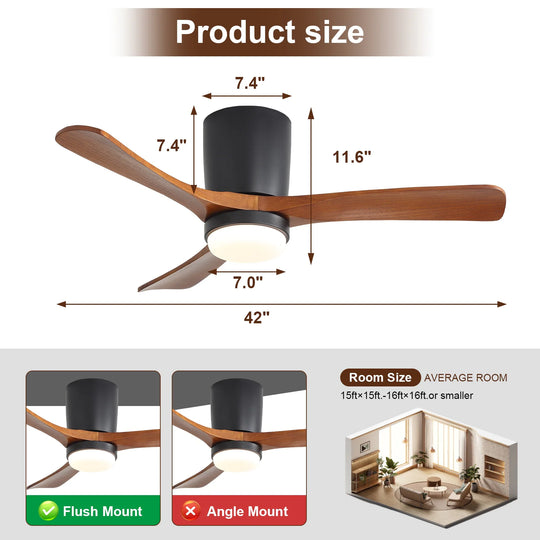 Sofucor 42"/48"/ 52"/60"Noiseless Walnut Wood Ceiling Fan with Remote Control, Integrated Light Optional