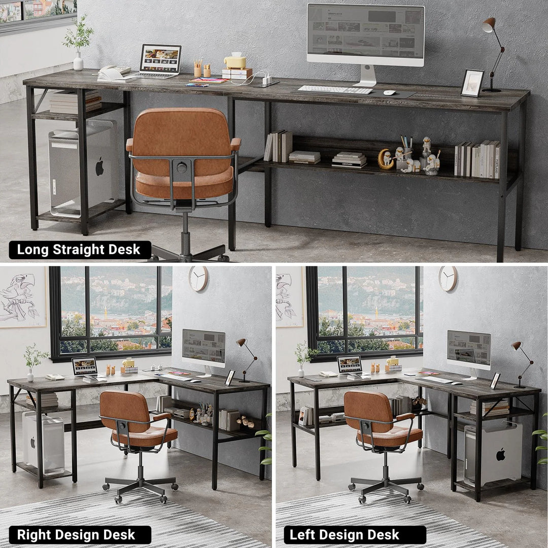 Reversible L Shaped Desk with Storage Shelves, Home Office Corner Desk with Charge Station