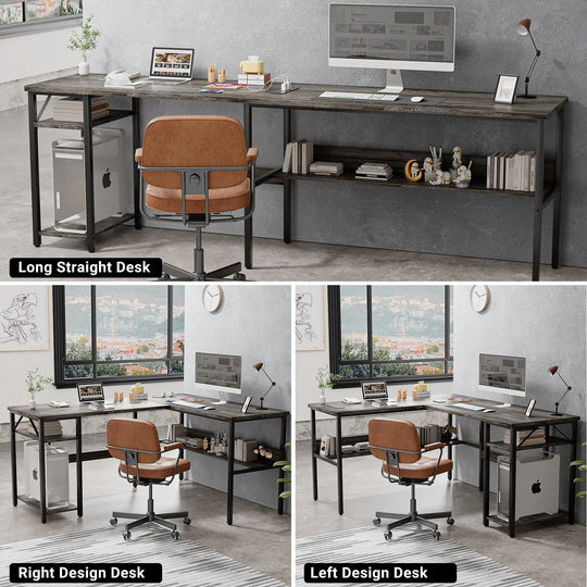 Reversible L Shaped Desk with Storage Shelves, Home Office Corner Desk with Charge Station