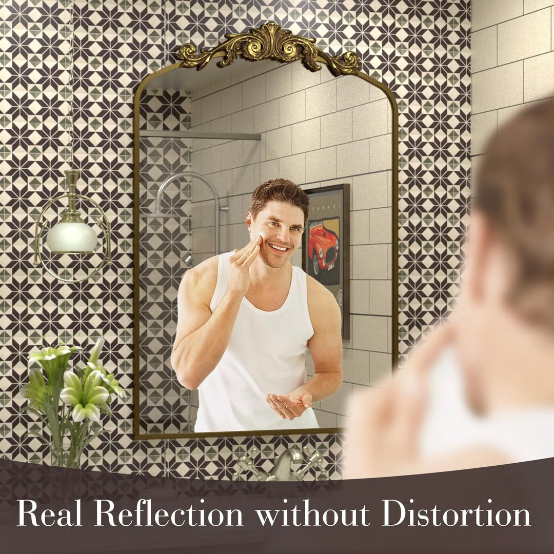 Arched Vintage Wall Mirror and Metal Frame Baroque Style Bathroom Vanity Mirror