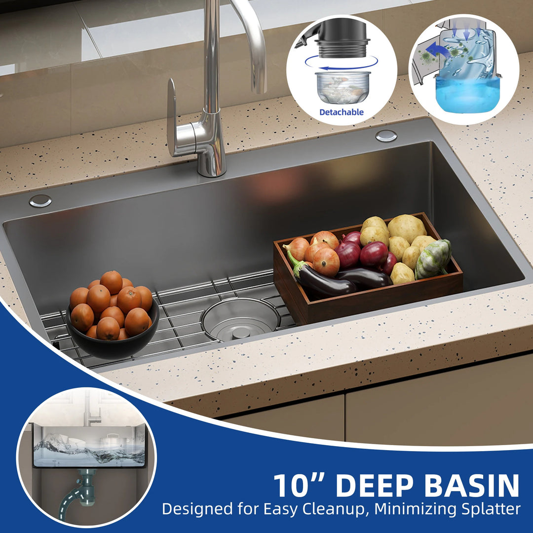 33 Inch Drop in Kitchen Sink Top Mount Stainless Steel Black Sink W/Sink Protector Single Bowl Drop-In Sink for Workstation