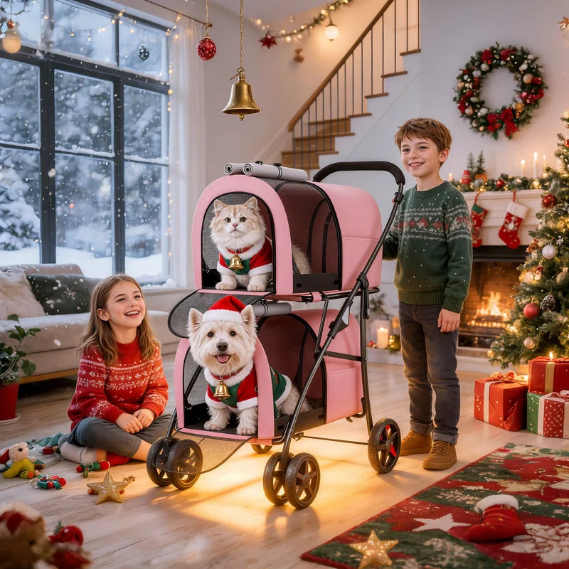 Foldable Pet Stroller with Double Detachable Carriers, Folding Dog Cat Jogger Stroller with Tether