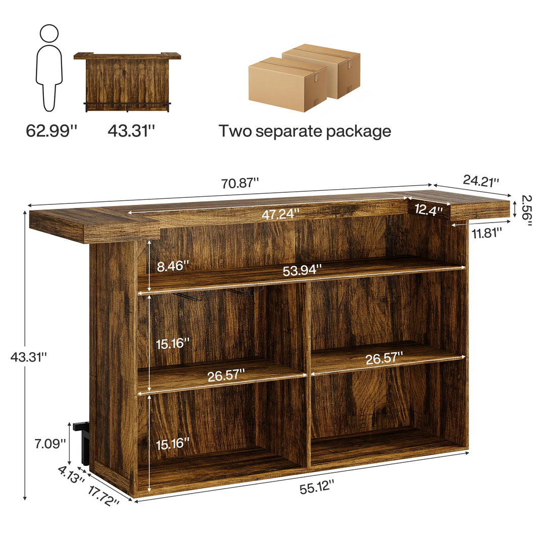 70.9" Wooden Home Bar Table with Wine Glass Holder, Pub Storage Unit Accent Table for Home Patio Basement