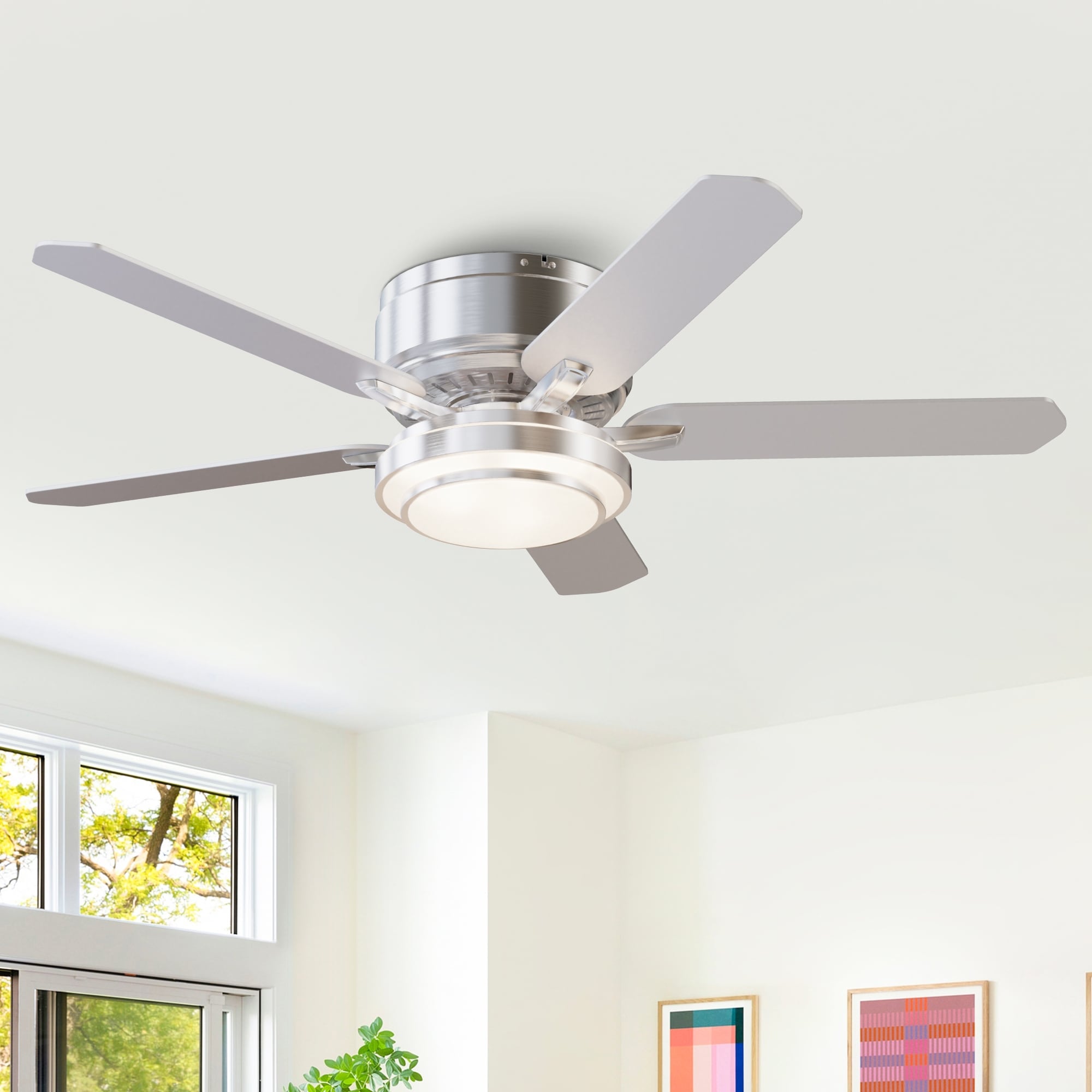 Vaczon 52" Brushed Nickel 5-Blade Modern Flush Mount Smart Ceiling Fan with Light and App