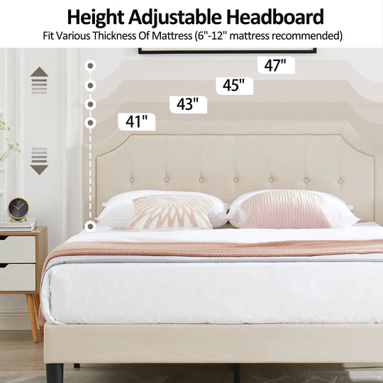 Javlergo Modern Upholstered Bed Frame with Height Adjustable Headboard Heavy-Duty Frame No Box Spring Needed