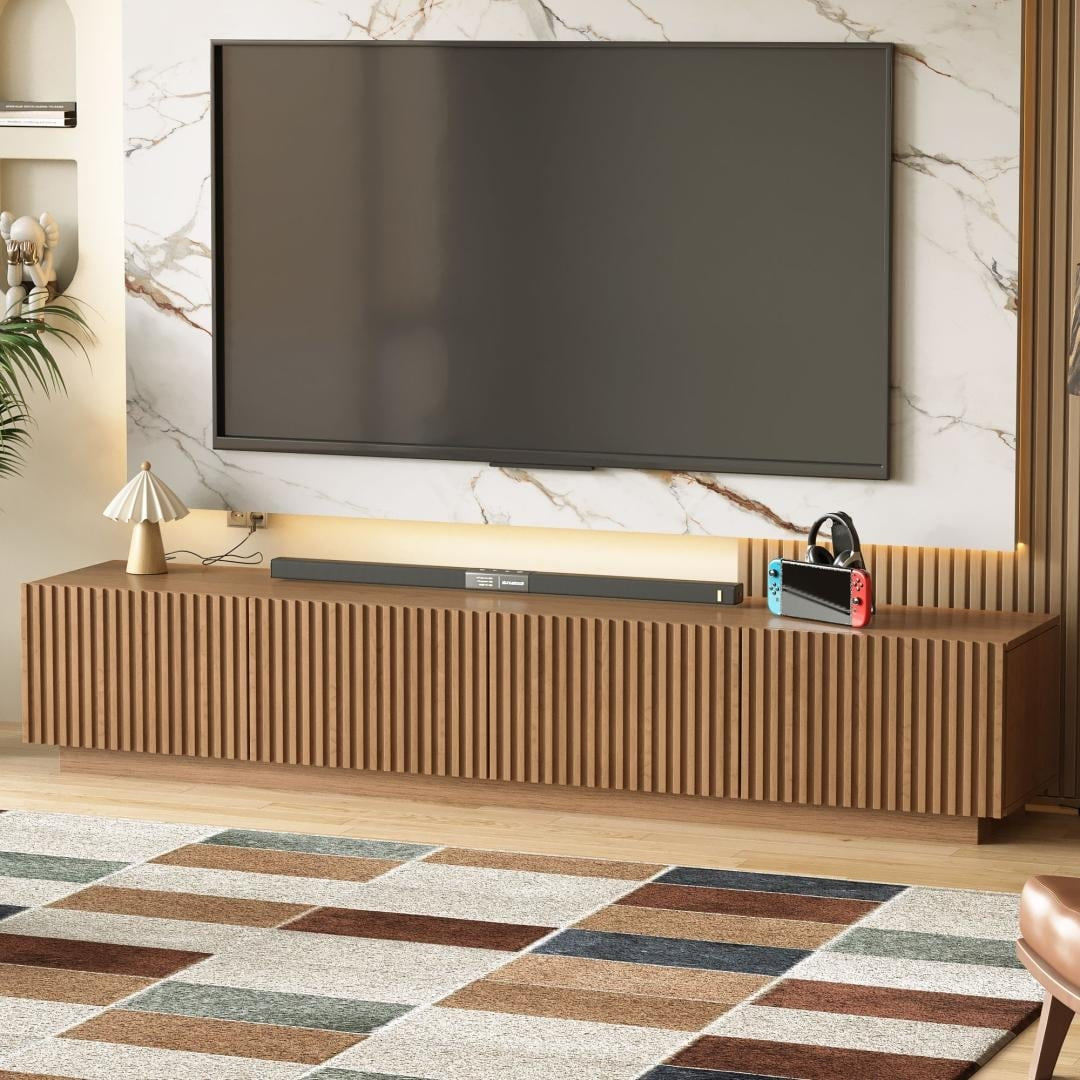 86.6" Modern Walnut TV Stand with Grille Doors & Storage for 90" Tvs - 86.6"Wx15.9"Dx17.5"H