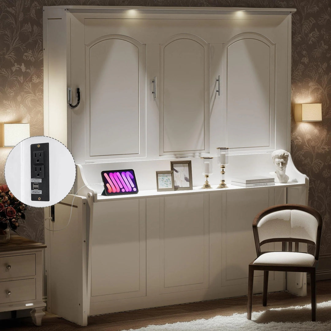 Queen Size Murphy Bed with Fold-Down Desk, Dual LED Lights & Built-In USB Power Station