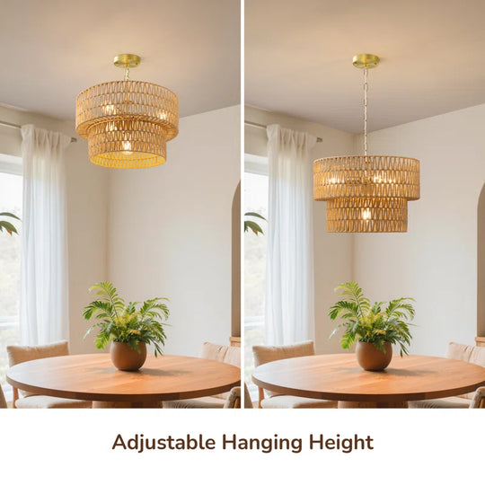 4 - Light 17.7" Hand-Woven Rattan Drum Chandelier