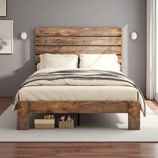 Full Wood Platform Bed Frame, Noise-Free, No Box Spring, Large Underbed Storage, Industrial Style