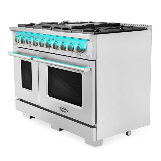 48 In. Vista Collection 5.5 Cu. Ft. Double Oven Gas Range, 8 Italian Burners, LED Panel, Cast Iron Grates, Stainless Steel
