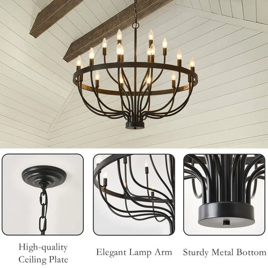 Modern Farmhouse Candle Chandelier Black Large Wagon Wheel Chandeliers