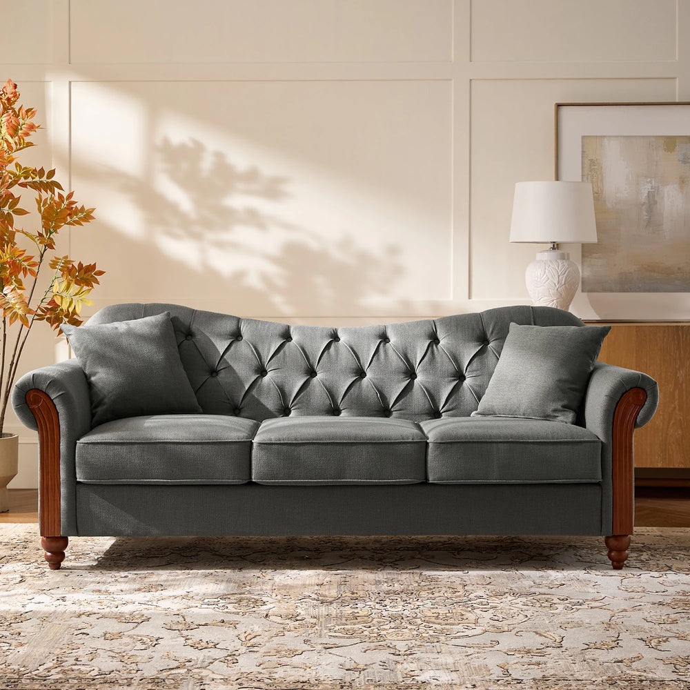 Mario Traditional 83"Wide Tufted Sofa with Solid Wood Legs and Pillows by