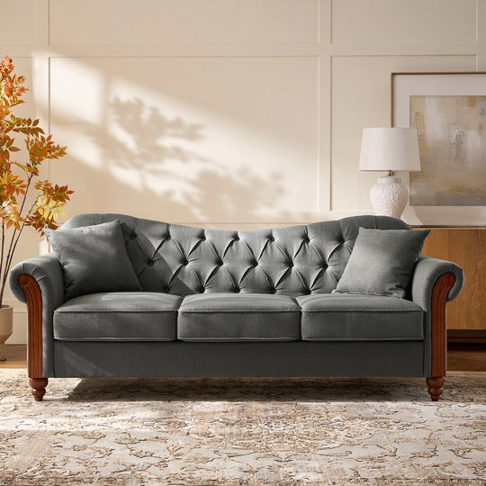 Mario Traditional 83"Wide Tufted Sofa with Solid Wood Legs and Pillows by