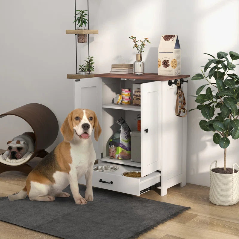 Dog Feeding Station, Dog Food Storage Cabinet with Hidden Dog Bowls, Adjustable Panel, Hooks for Medium Sized Dogs