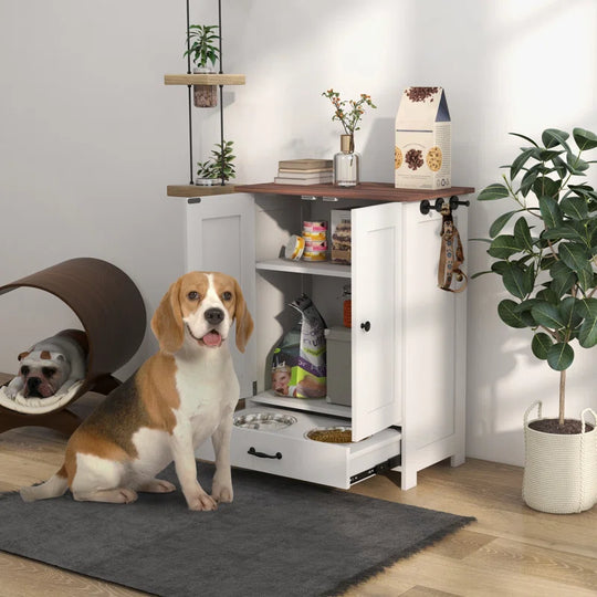 Dog Feeding Station, Dog Food Storage Cabinet with Hidden Dog Bowls, Adjustable Panel, Hooks for Medium Sized Dogs
