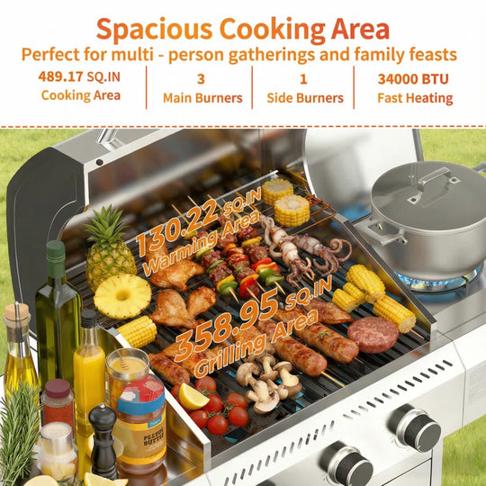 3+1 Burners 34000 Btu Lp Gas Grill with Side Burner for Outdoor Garden Patio Backyard Barbecue Cooking
