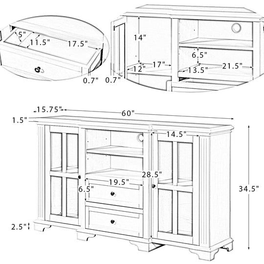 Dietrich Rustic Multifunctional Wooden TV Stand with Shelf and 2 Drawers and Sturdy Legs by