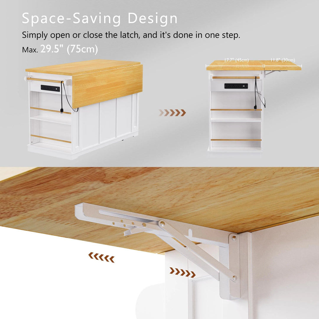Large Kitchen Island with Drop Leaf,Power Outlet,Door Internal Storage Rack,3 Drawers(Not Include Bar Stools)