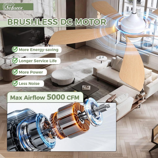 Sofucor 45/52 Inch Ceiling Fan with Remote & Lights Quiet DC Motor 5 Blade High CFM Modern Fan