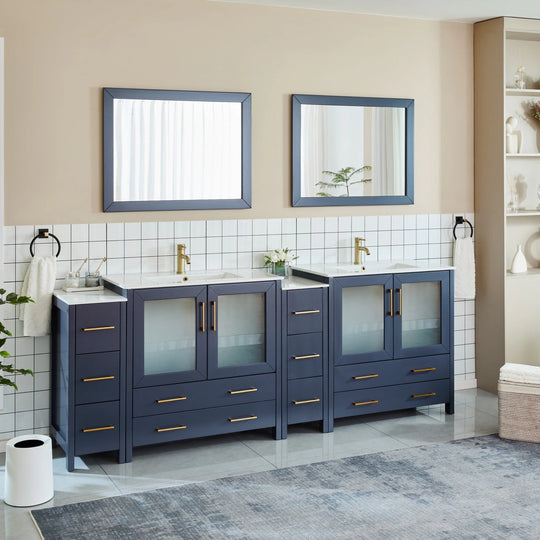 96" Double Sink Bathroom Vanity Set 10 Dove-Tailed Drawers, 3 Cabinets, 2 Shelves Soft-Closing Doors with Free Mirror