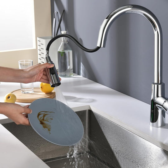 Pull-Down Kitchen Faucet with Temperature Display in Fahrenheit, 3 Water Outlet Modes, Faucet for Kitchen Sink, KF2501