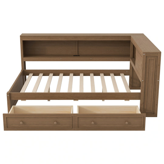 Full Size Wood Daybed with Storage Shelves, USB, LED, and 2 Drawers