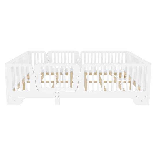 Full Size Montessori Floor Bed Frame with Safety Rails and Removable Door, Low Profile Kids Bed with Slatted Support
