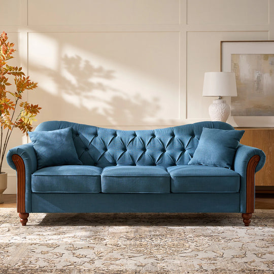 Mario Traditional 83"Wide Tufted Sofa with Solid Wood Legs and Pillows by