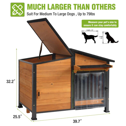 Dog House Outdoor Dog Kennel with Chew-Proof Metal Frame, Rotating Food Bowl, Pvc Door Curtain, Weatherproof for Small Medium Dogs, 39.7" L X 25.5" W X 32.2" H