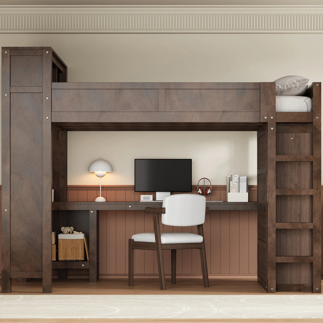 Modern Queen Loft Bed with Built-In Desk, Wardrobe, Headboard Storage & USB Hub by