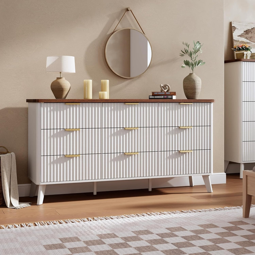 Fluted 9-Drawer Dresser, 60.6" Wide Modern Wooden Chest with Curved Design, Dresser TV Stand for Living Room, Walnut