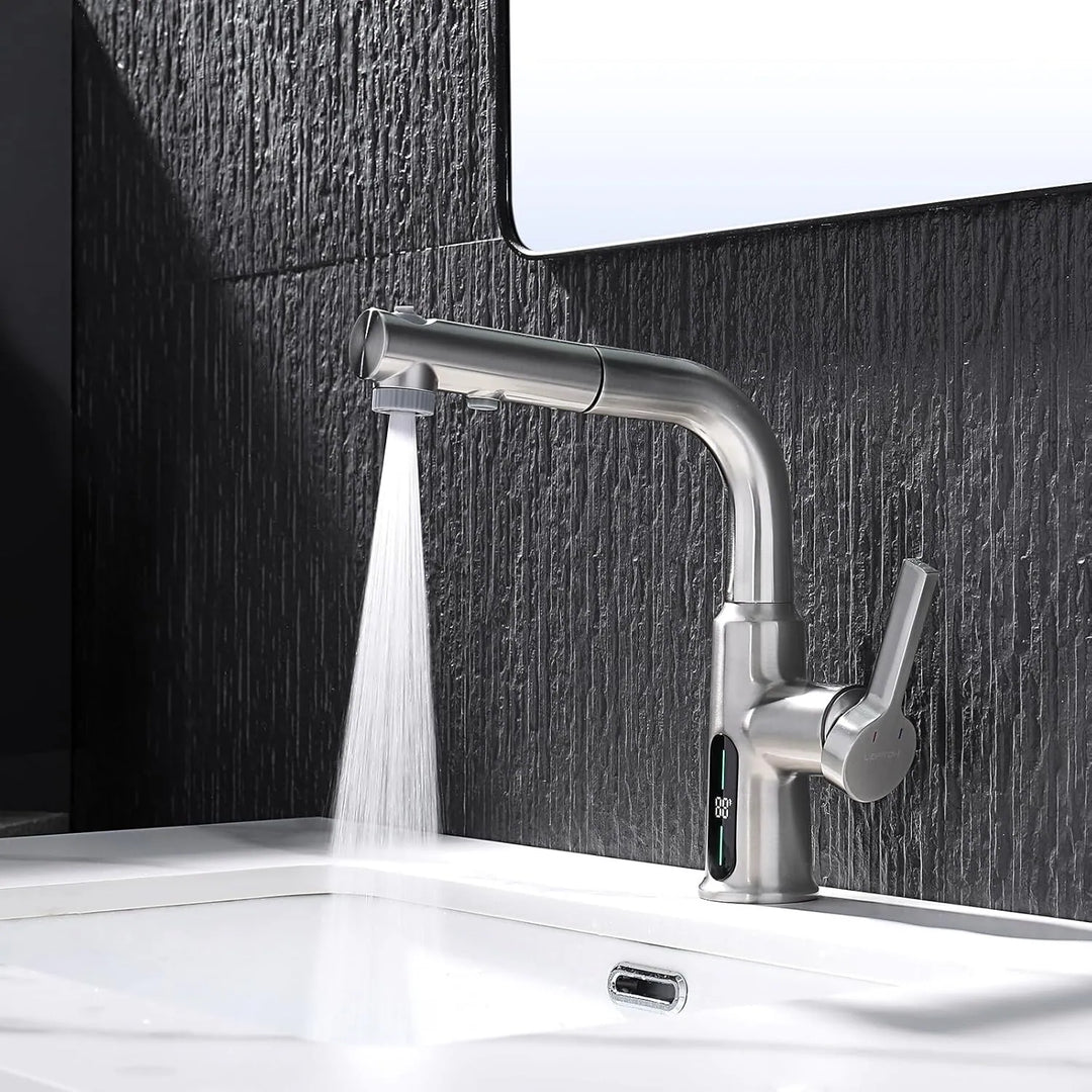 Single Hole Liftable Bathroom Faucet with Temperature Display in Fahrenheit, 3 Water Modes, BF2501